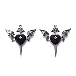 Черный Подвески из сплава эмали и стразов, крыло и сердце, металлический черный , чёрные, 37~37.5x37x5 мм, отверстие : 1.4 мм