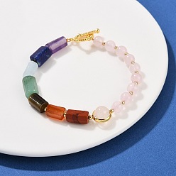 Розовый Кварц Браслеты из натурального розового кварца, смешанного натурального камня, латунных круглых и призматических бусин для женщин, реальный 18 k позолоченный, долговечный, стойки покрытие, чакра, 8-1/8 дюйм (20.5 см)