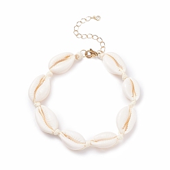 Bisque Natural Cowrie Shell Braided Beaded Anklet for Women, Bisque, 8-5/8 inch(22cm)