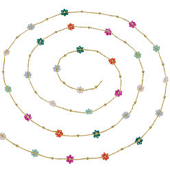 Colorful 2.5M Brass Flower Link Chains, with Glass, Rack Plating, Long-Lasting Plated, Lead Free & Cadmium Free, Unwelded, with Spool, Real 18K Gold Plated, Colorful, 1.5x1.4x0.4mm