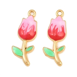 Pink 304 Stainless Steel Enamel Pendants, Flower Charms, Ion Plating(IP), Real 18K Gold Plated, Pink, 23x9x3.5mm, Hole: 1.4mm