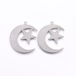 Edelstahl Farbe Anlaufgeschützt 201 Anhänger aus Edelstahl, Mond mit Stern, Edelstahl Farbe, 29x24x0.6 mm, Bohrung: 1.4 mm