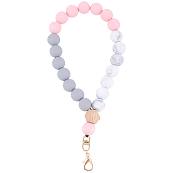 Misty Rose 1Pc Silicone & Wood Pendant Decorations, with Alloy Lobster Claw Clasps, Round, Golden, Misty Rose, 220mm