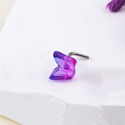 Бабочка Стиль бохо 304 носовые кольца Г-образной формы из нержавеющей стали и темно-розовой смолы, цвет нержавеющей стали, бабочка, 8 мм