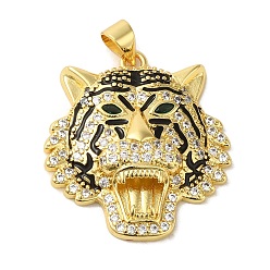 Golden Brass Micro Pave Cubic Zirconia with Enamel Pendants, Tiger Charms, Cadmium Free & Nickel Free & Lead Free, Golden, 27.5x25x5.5mm, Hole: 5x3.5mm