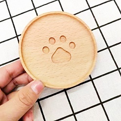 Wheat Beech Wood Cup Mats, Round Coaster with Tray & Carved Bear Paw Print, Wheat, 100x100x15mm
