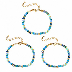 Blue Dyed Natural Shell and Brass Rondelle Beaded Bracelet Sets for Women, Stackable Bracelets with Glass, Golden, Blue, 6.50 inch(16.5cm)~6.69 inch(17cm), 3pcs/set