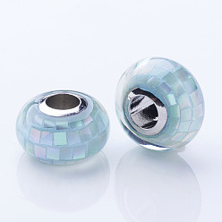 Голубой Оболочки европейские шарики, с медными сердечниками, рондель, бусины с большим отверстием, платина, голубой, 13~14x7.5 мм, отверстие : 4.5 мм