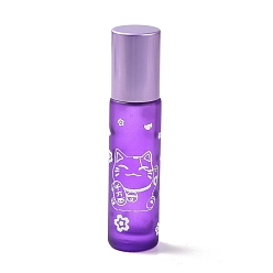 Medium Purple Glass Essential Oil Roller Bottles, with Lid and Stainless Steel Roller Balls, Refillable Bottles, Column with Fortune Cat Pattern & Chinese Character, Medium Purple, 2x8.6cm, Hole: 9.5mm, Capacity: 10ml(0.34fl. oz)