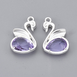 Silver Eco-Friendly Alloy Glass Pendants, Faceted, Nickel Free, Swan, Lilac, Silver Color Plated, 20x12.5x4mm, Hole: 1.5mm