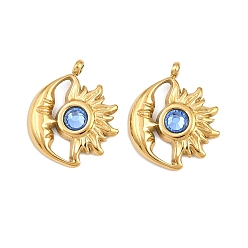 Сапфир 304 из нержавеющей стали горный хрусталь подвески, подвески-камни со звездами и луной, марш, ионное покрытие (ip), золотые, сапфир, 19.5x16x3.5 мм, отверстие : 1.6 мм