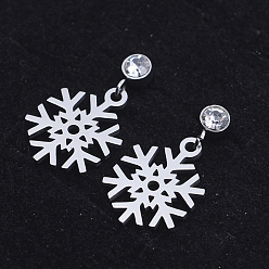 Stainless Steel Color 201 Stainless Steel Dangle Stud Earrings, with Clear Cubic Zirconia, Snowflake, Stainless Steel Color, 21mm, Pin: 0.8mm