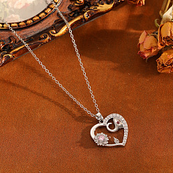 Stainless Steel Color Brass Pave Clear and Pink Cubic Zirconia Heart with Elephant Pendant 304 Stainless Steel Cable Chain Necklaces for Women, Stainless Steel Color, 15.75 inch(40cm), Pendant: 22mm