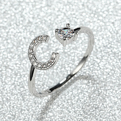 Letter C Манжеты из латуни с микро паве кубический цирконий для женщин, открытые кольца, платина, буква С, внутренний диаметр: 16~19 мм