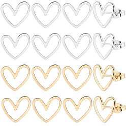 Золотой & Серебряный 20 шт. 2 цвета латунные серьги-гвоздики в форме сердца, с необработанными (непокрытыми) латунными штифтами, с 20шт 2 цвета ушная гайка, золотой и серебряный, 1/2x3/8 дюйм (13x11 мм), штифты : 0.7 мм