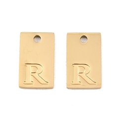 Letter R 304 Stainless Steel Pendants, Rectangle with Letter Charms, Real 18K Gold Plated, Ion Plating(IP), Letter R, 16x10x1.4mm, Hole: 1.8mm