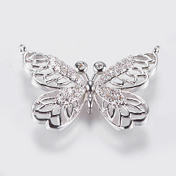 Platinum Brass Micro Pave Cubic Zirconia Pendants, Butterfly, Platinum, 19x26x2.5mm, Hole: 0.6mm
