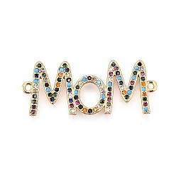 Golden Mother's Day Theme, Brass Micro Pave Cubic Zirconia Links, Mom, Colorful, Golden, 13.5x33.5x2mm, Hole: 1.2mm