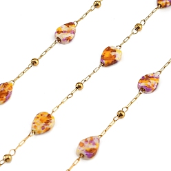Golden Handmade Stainless Steel & Natural Shell Beaded Link Chains, Teardtop, Spray Painted, Soldered, with Spool, Golden, 6.5x5.5x2.5mm
