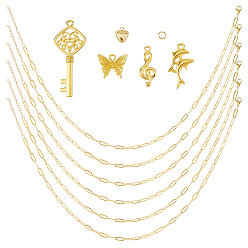 Золотой 316l плоские цепочки-скрепки из хирургической нержавеющей стали и подвески из сплава и 304 комплект соединительных колец и удлинителей цепей из нержавеющей стали, тональность/музыкальная нота/дельфин/бабочка/рыбий хвост, золотые, 420 мм