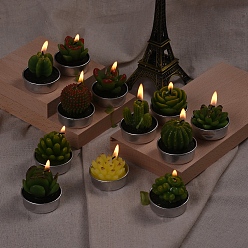 Mixed Color Cactus Paraffin Smokeless Candles, Artificial Succulents Decorative Candles, with Aluminium Containers, for Home Decoration, Green, 15.6x10.3x10.3cm, 12pcs/set