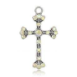 Хрусталь AB Тибетском стиле сплав горный хрусталь подвески, латинский крест Fleuree, античное серебро, хрусталь AB, 49.5x30x5 мм, отверстие : 4 мм