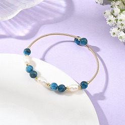 Marine Blue Natural Apatite Round and Rice Pearl Beaded Copper French Wire Cuff Bangles, Golden, Marine Blue, Inner Diameter: 2.28 inch(5.8cm)