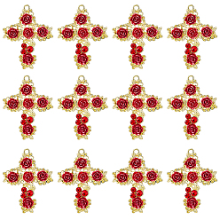 Cross 12шт. подвески из сплава светлого золота со стразами, со смолой розой, долговечный, крест с цветочным талисманом, крестик, 36.5x28.5x4.5 мм, отверстие : 2 мм