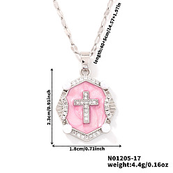 Pink Блестящие ретро-латунные подвески с микропаве из прозрачных кубических цирконий в форме овала с крестом и эмалью, платина, розовые, 15.75 дюйм (40 см)