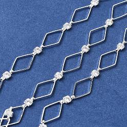 Серебро Цепи ручной работы из латуни с прозрачными кубическими циркониями в форме ромба, несварные, с катушкой, серебряные, 14x8x0.5 мм и 7.5x3.2x2 мм, около 16.40 футов (5 м) / рулон