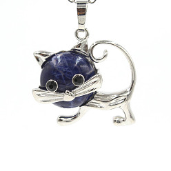 Sodalite Natural Sodalite Pendants, with Platinum Plated Brass Findings, Cat Shape Charms, 35x29x10mm