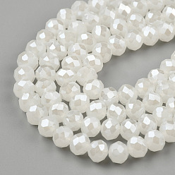Creamy White Electroplate Glass Beads Strands, Imitation Jade Beads, Pearl Luster Plated, Faceted, Rondelle, Creamy White, 6x5mm, Hole: 1mm, about 85~88pcs/strand, 16.1~16.5 inch(41~42cm)