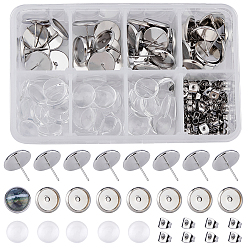 Platinum DIY Earring Making Kits, with Brass Stud Earring Settings, 12mm Transparent Clear Half Round Glass Cabochons and 304 Stainless Steel Ear Nuts, Platinum, 180pcs/set