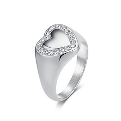 Нержавеющая Сталь Цвет 304 кольца для пальцев из нержавеющей стали для женщин, со стразами, сердце, цвет нержавеющей стали, размер США 9 (18.9 мм)