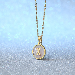 Letter X Плоские круглые ожерелья с инициалами из нержавеющей стали с натуральными белыми ракушками для женщин, золотые, цвет морской раковины, Письмо X, 18.11 дюйм (46 см)