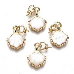 Real 18K Gold Plated White Shell Peg Bails Charms, for Half Drilled Bead, with Brass Findings and Jump Ring, Nickel Free, Shell Shape, Real 18K Gold Plated, 15.5x12.5x4mm, Pin: 0.7mm, Jump Ring: 4.5x0.7mm, 3mm inner diameter