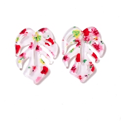 Red Transparent Acrylic Pendants, Monstera Leaf with Flower Pattern, Red, 31x23.5x2mm, Hole: 1.8mm