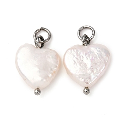 Нержавеющая Сталь Цвет Натуральные кеши жемчужные подвески, сердце прелести, с открытыми пружинными кольцами из нержавеющей стали 304, кремово-белые, цвет нержавеющей стали, 16~17x12~13x5~6 мм, отверстие : 3 мм