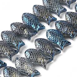 Морской Синий Гальванизируйте прозрачное стекло бисер нитей, полная радуга, рыба, Marine Blue, 8x15x5~6 мм, отверстие : 1 мм, около 49~50 шт / нитка, 15.75 дюйм (40 см)