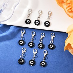 Черный 10 шт. подвесные украшения ручной работы от сглаза в виде лэмпворка, с карабин-лобстерами , плоско-круглые, платина, чёрные, 29~30 мм