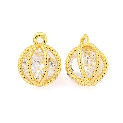 Real 18K Gold Plated Brass Pave Cubic Zirconia Pendants, Round, Clear, Real 18K Gold Plated, 11.5x9x9mm, Hole: 1.2mm