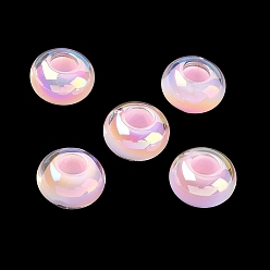 Flamingo UV Plating Transpant Resin European Beads, Large Hole Beads, Iridescent, Rondelle, Flamingo, 8x13.5mm, Hole: 5.5mm