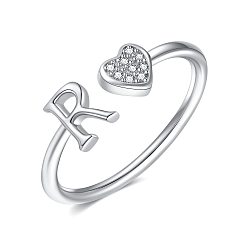 Letter R Регулируемые латунные манжеты со стразами для женщин, Сердце и письмо, платина, Буква R, внутренний диаметр: 15~20 мм