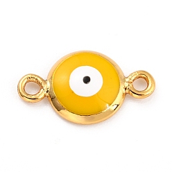 Золотистый Позолоченные латунные эмалевые соединители звеньев, долговечный, плоские круглые с сглаза, золотые, 14x8x2 мм, отверстие : 1.4 мм