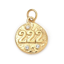 Золотой Текстурированные 304 подвески из нержавеющей стали, плоский круглый с подвеской в виде цифры 2, со стразами, золотые, 18x15x3 мм, Перейти кольцо: 5x0.8 мм, 3.4 мм внутренним диаметром