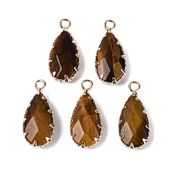 Tiger Eye Natural Tiger Eye Faceted Pendants, Brass Teardrop Bezeled Charms, Golden, 24~25x10.5~11.5x5~5.5mm, Hole: 2mm