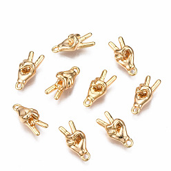Real 18K Gold Plated Brass Charms, Peace Hand Charms, Nickel Free, Palm, Gesture Language, for Victory, Real 18K Gold Plated, 13.5x6x5mm, Hole: 1.2mm