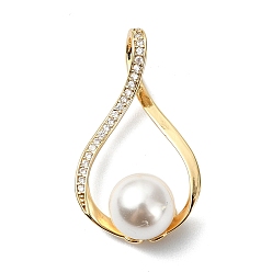 Настоящее золото 18K Латунные микропаве прозрачные подвески с фианитом, слезинки, с оболочкой жемчуг, реальный 18 k позолоченный, 27.5x16x9 мм, отверстие : 5.5x3.5 мм