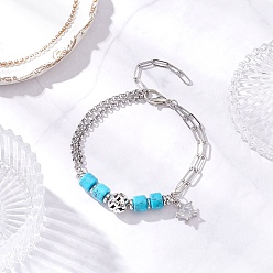 Звезда 304 многослойные браслеты из нержавеющей стали, Браслеты с подвесками из прозрачного кубического циркония из сплава для женщин, с синтетической бирюзой, звезда, 8-1/8 дюйм (20.6 см)