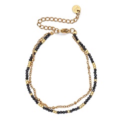 Black Golden Tone 304 Stainless Steel Double Strand French Chain Bracelets with Faceted Round Glass for Women, Black, 6.50 inch(16.5cm)